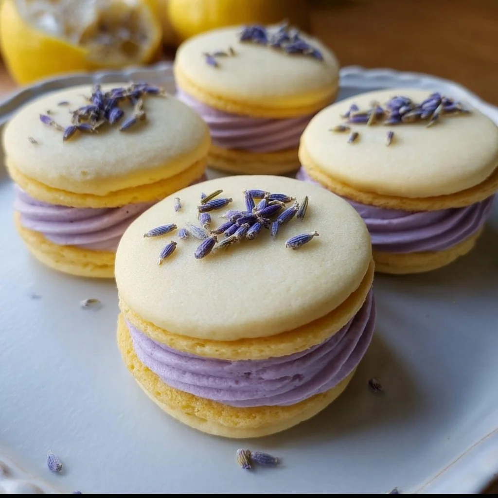 Lemon lavender sandwich cookies with a creamy filling on a decorative plate