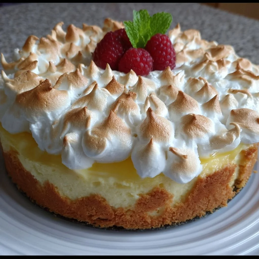 Delicious lemon meringue cheesecake topped with fluffy meringue and lemon zest