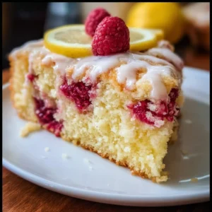 Delicious slice of Lemon Raspberry Cake with lemon zest and fresh raspberries