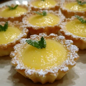Delicious lemon tartlets decorated with fresh lemon slices and mint.