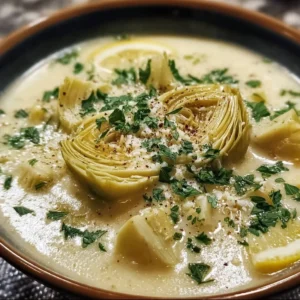 Bowl of Lemony Tuscan Artichoke Soup garnished with herbs and lemon