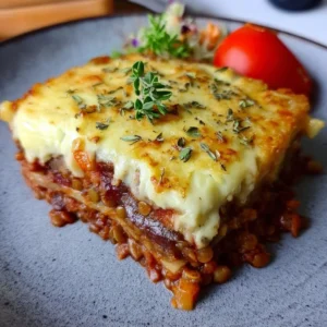 A plate of Lens Moussaka with layers of eggplant, meat, and béchamel sauce.