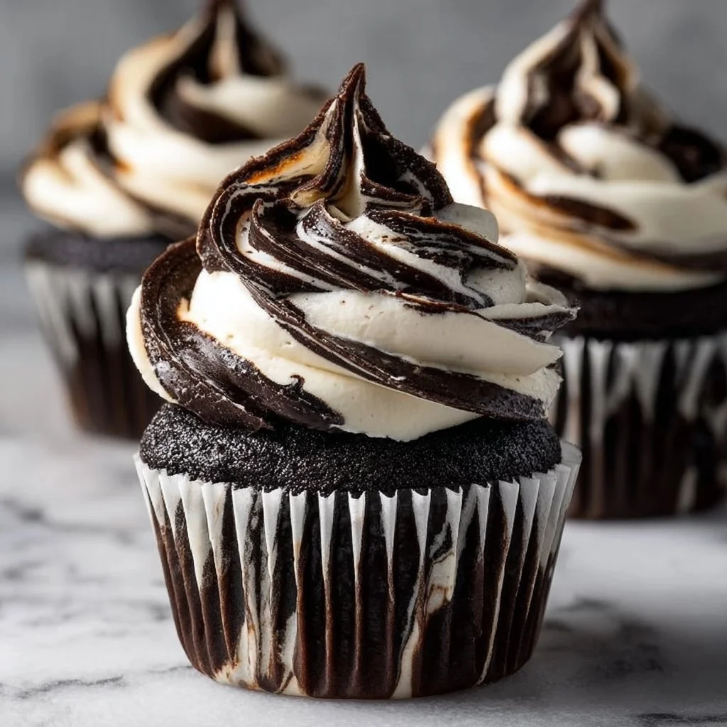 Marble Black and White Cupcake with elegant swirl design
