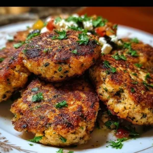 Delicious Mediterranean Chicken patties served on a plate with fresh herbs and vegetables.
