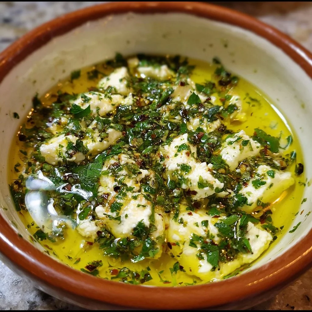 Mediterranean Feta Dipping Oil drizzled over bread and herbs