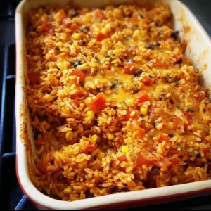Bowl of delicious Mexican Oven Rice with spices and colorful vegetables