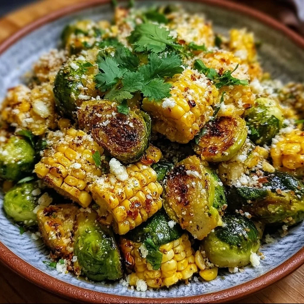 Mexican Street Corn Brussels Sprouts topped with cheese and spices