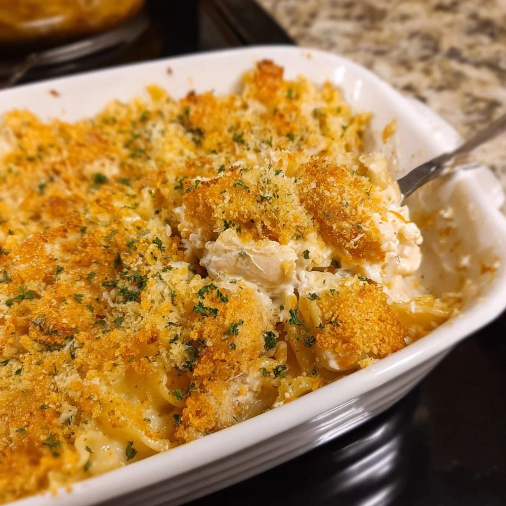 Delicious Million Dollar Chicken Casserole served in a baking dish