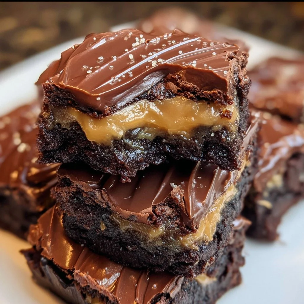 Delicious millionaire brownies with layers of chocolate and caramel