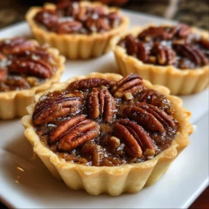 Mini chocolate pecan pies on a wooden table
