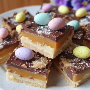 Delicious Mini Egg Millionaires Shortbread with chocolate and Mini Eggs