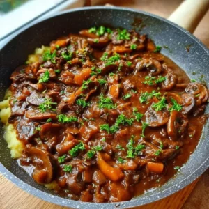 Bowl of delicious Mushroom Goulash with mushrooms, herbs, and spices.