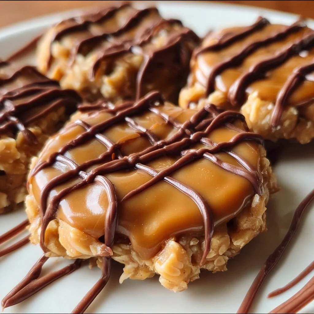 No-bake caramel cookies topped with a rich chocolate drizzle.