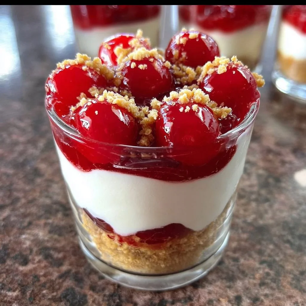 No bake cheesecake parfait topped with cherry pie filling