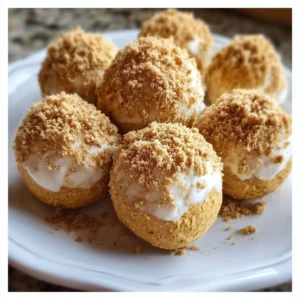 Delicious no bake pumpkin cheesecake balls topped with graham cracker crumbs.