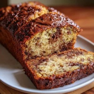 Deliciously baked Nutella banana bread with slices on a wooden board