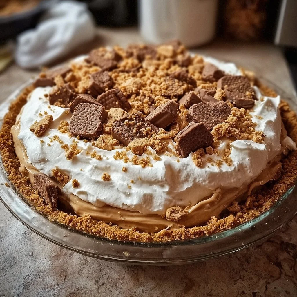 Delicious Nutter Butter Pie topped with whipped cream and crushed cookies