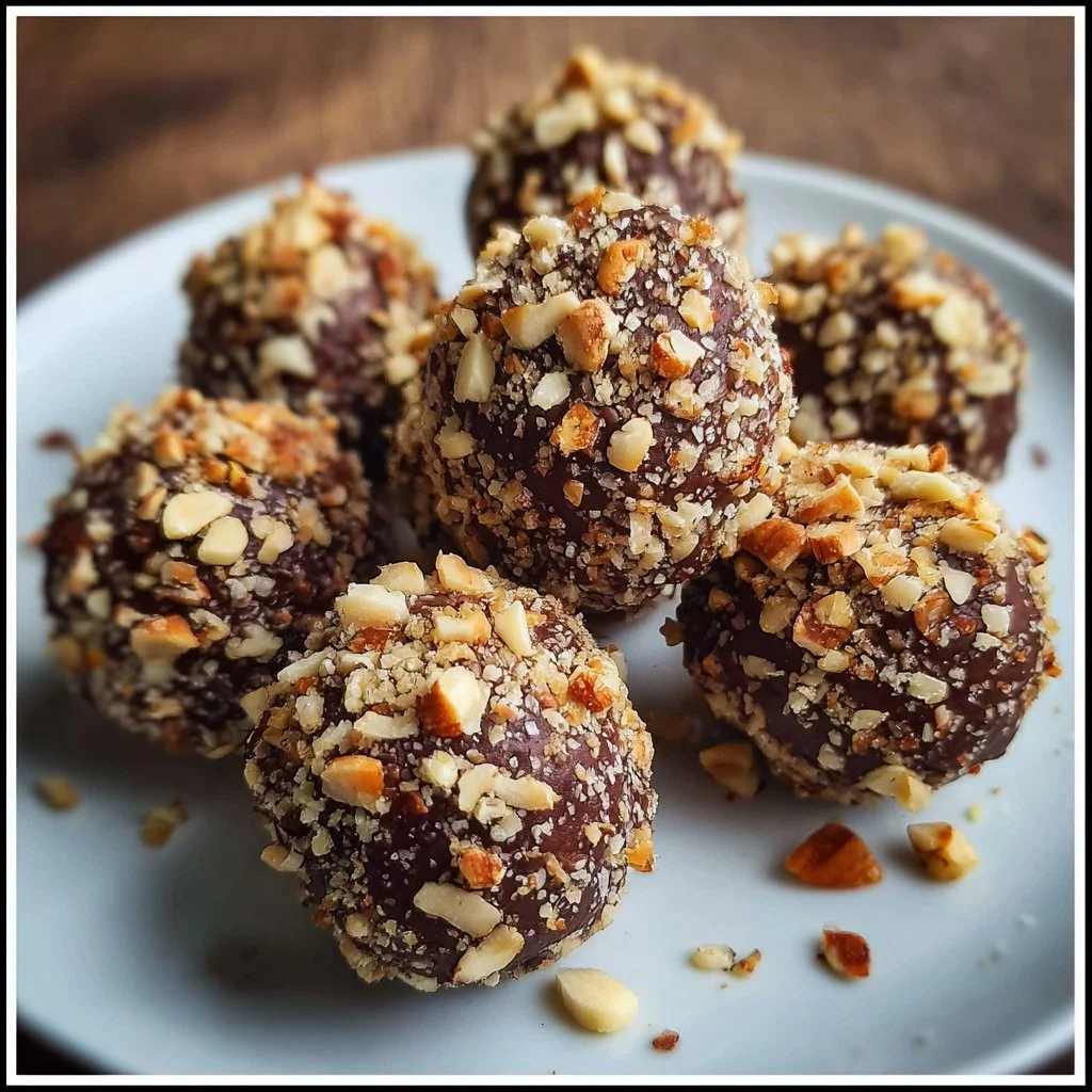 Nutty chocolate balls with hazelnut crunch on a decorative plate