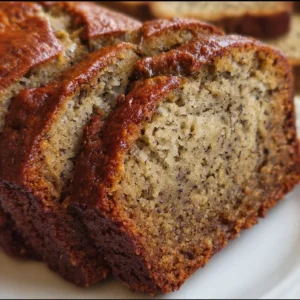 Slice of old fashioned banana bread with bananas and walnuts