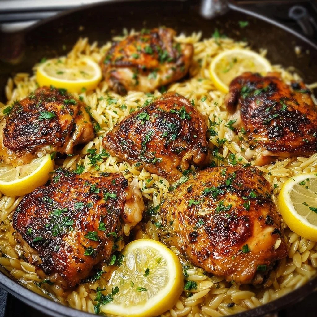 One Pan Lemon Garlic Chicken Thighs served with Orzo