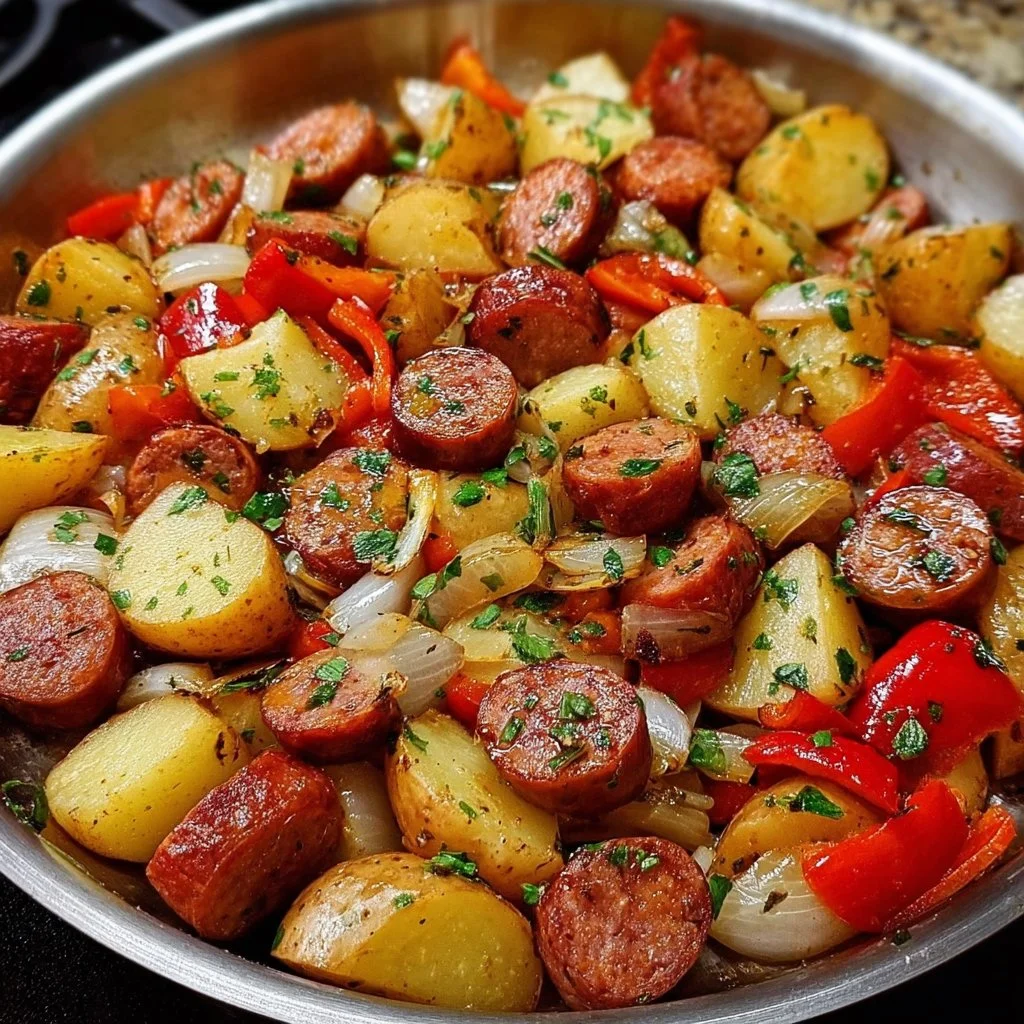 One-Pan Smoked Sausage and Potatoes dish ready to serve