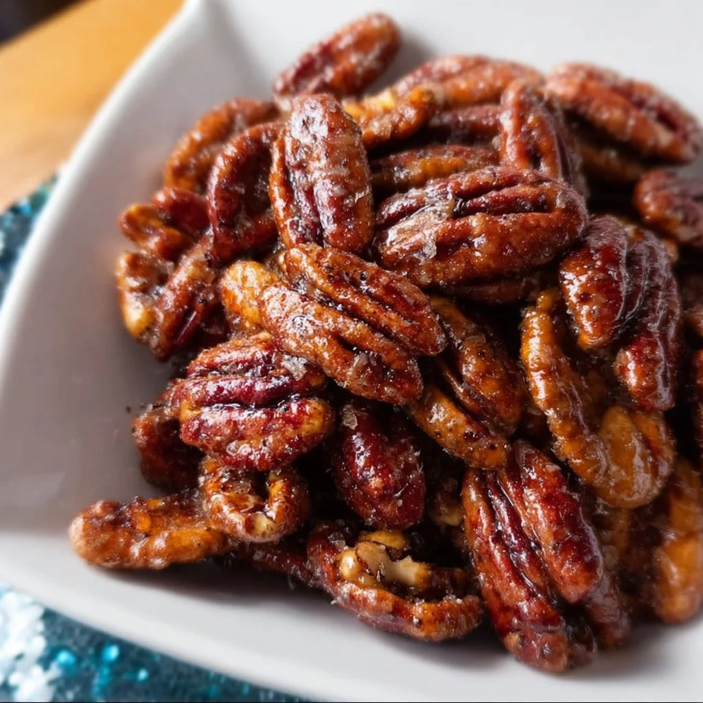 Oven roasted maple glazed pecans served in a bowl.