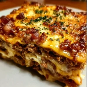 Delicious Parmesan Garlic Bacon Cheeseburger Lasagna with layers of cheese and bacon