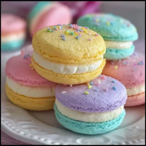 Pastel sugar cookie sandwiches filled with colorful frosting