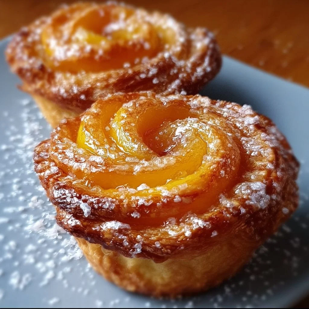 Delicious Peach Pie Cruffins with flaky pastry and peach filling