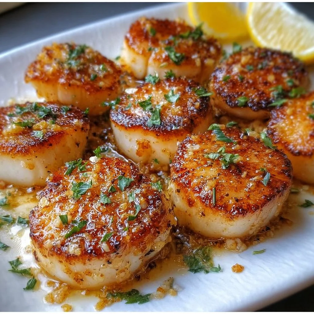 Deliciously crispy pan-seared scallops served on a plate