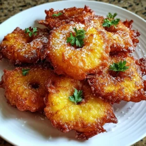 Delicious homemade pineapple fritters served on a plate with tropical garnish