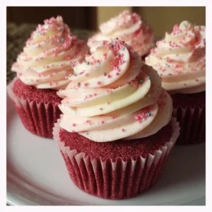 Delicious pink velvet cupcakes with vanilla bean frosting on a decorative plate