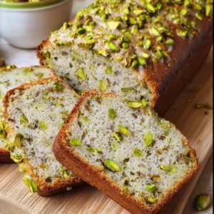 Freshly baked Pistachio Banana Bread on a wooden table