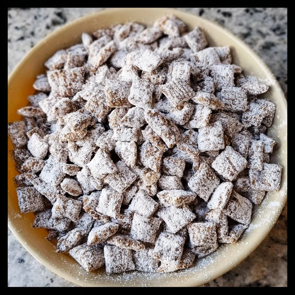 Delicious homemade Puppy Chow snack recipe in a bowl.