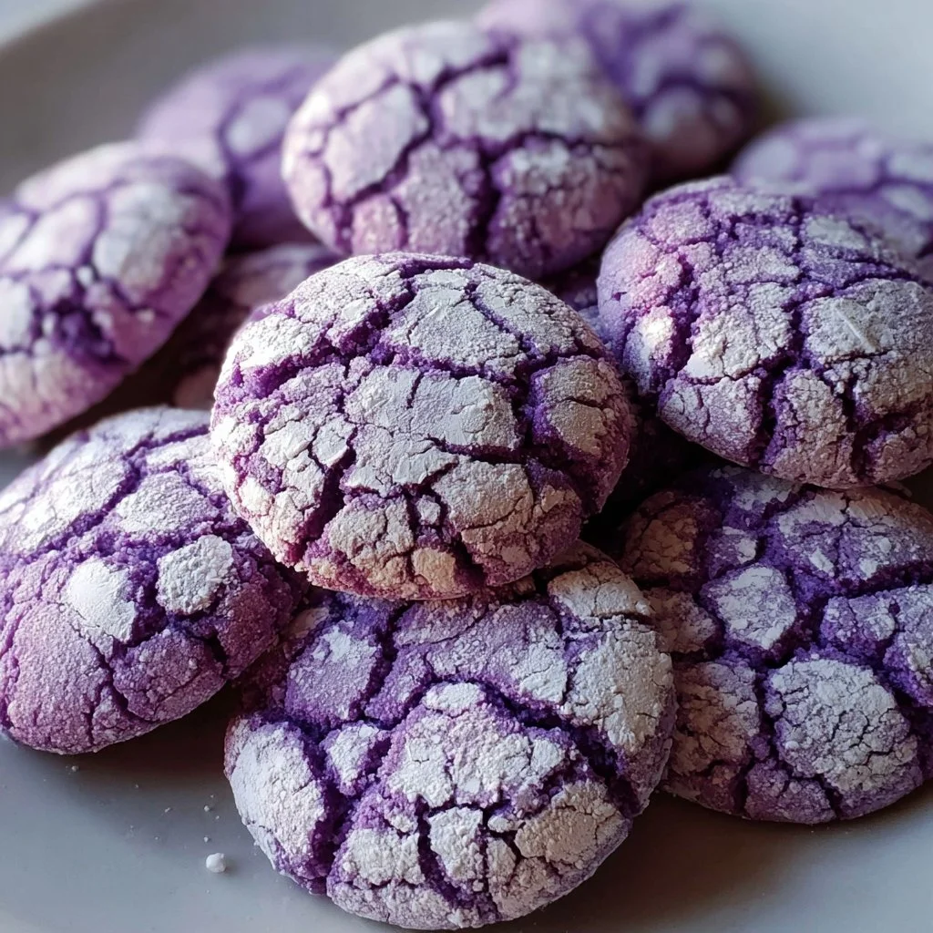Delicious purple crinkle cookies with a soft, chewy texture and powdered sugar topping