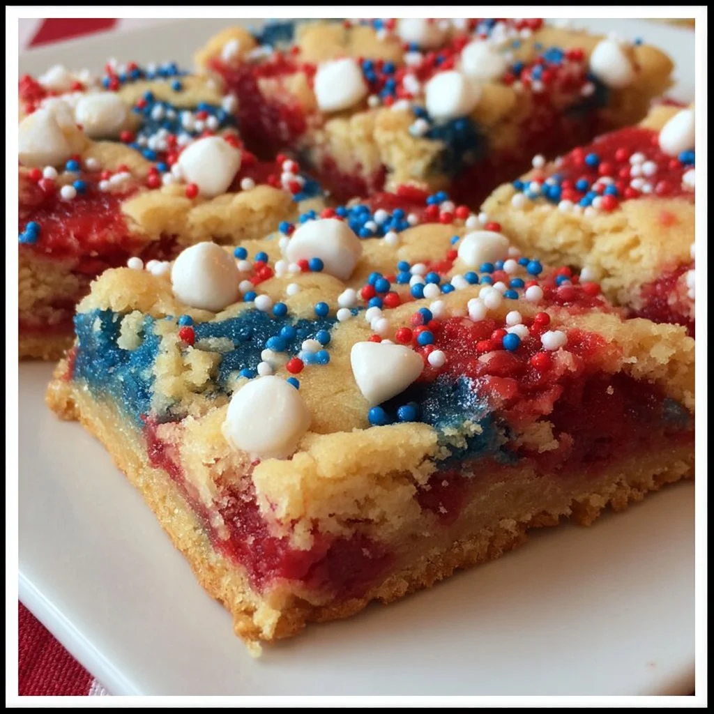 Quick 4th of July cake-mix cookie bars with colorful toppings