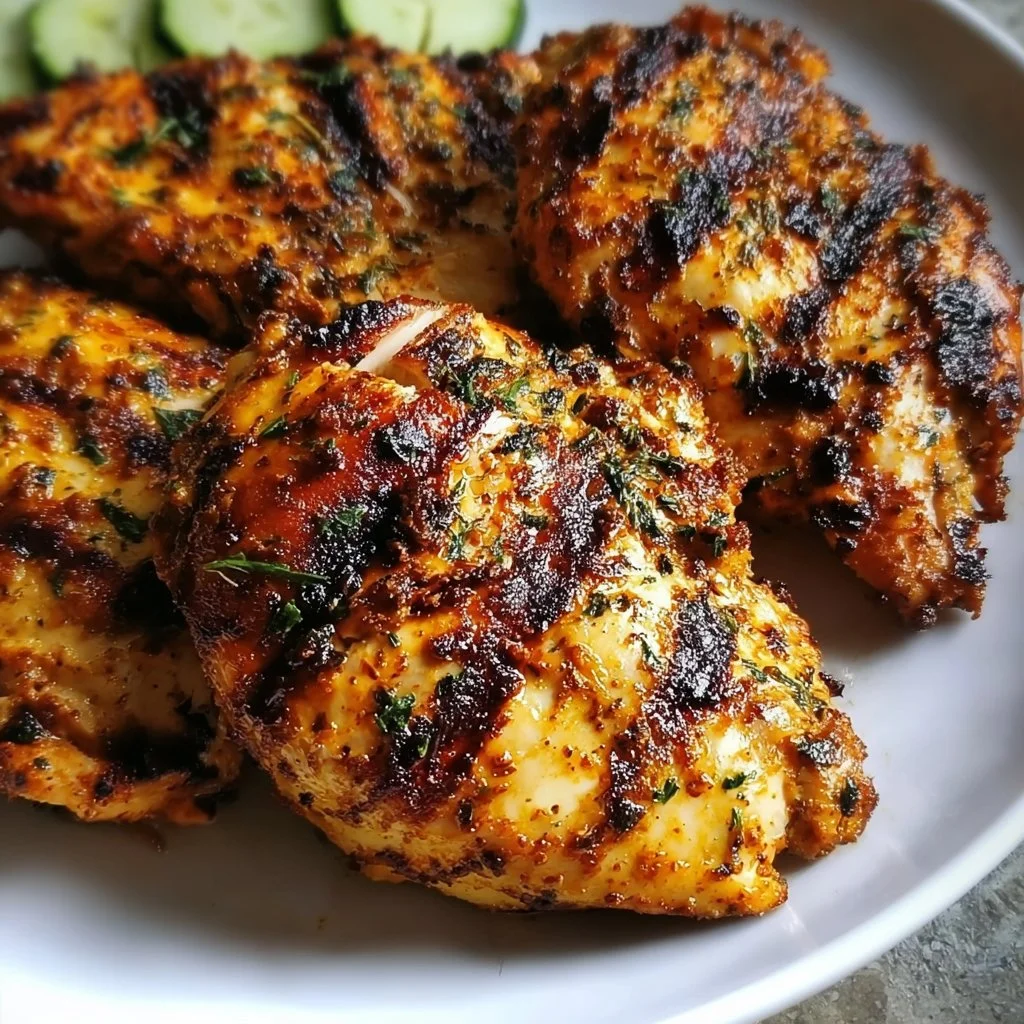 Plate of delicious air fryer grilled chicken garnished with herbs