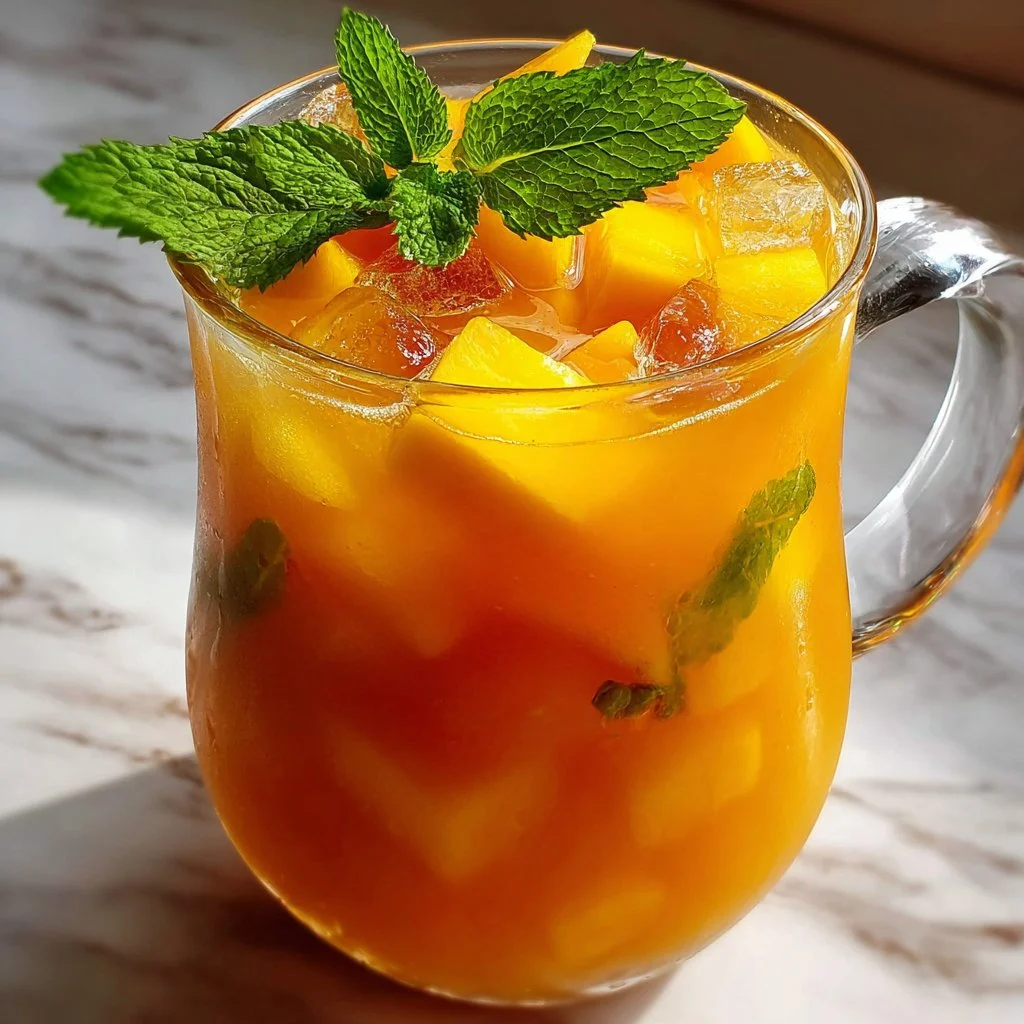 Refreshing quick mango iced tea served in a glass with ice and mint