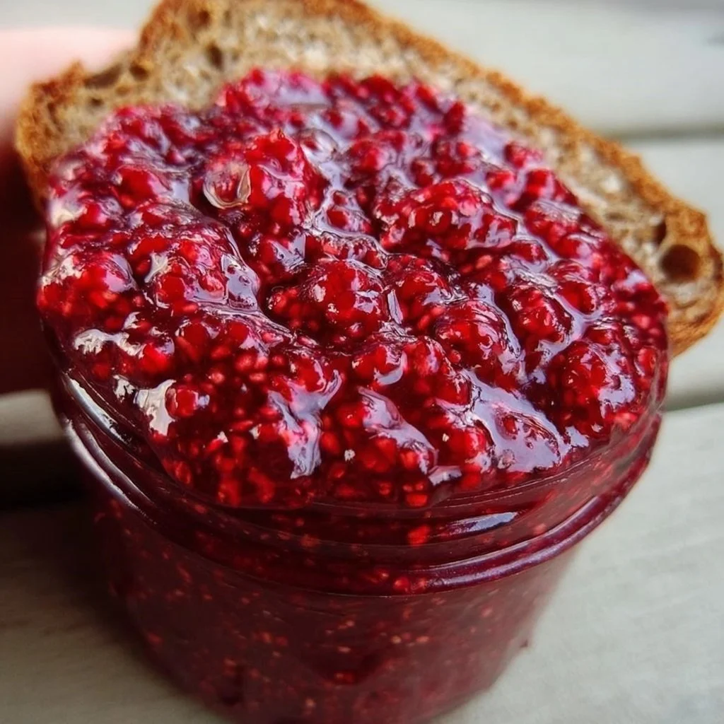 Jars of homemade raspberry jam without pectin on a wooden table