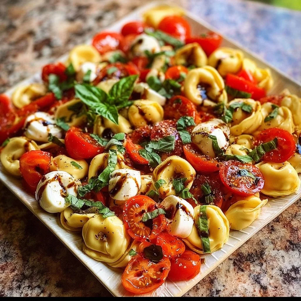A vibrant bowl of Caprese Tortellini Salad with fresh tomatoes, mozzarella, and basil.