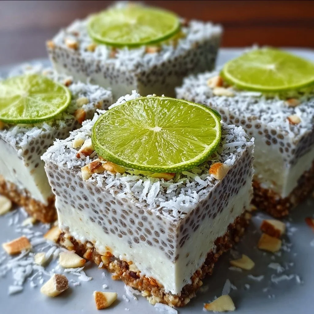 Delicious no-bake chia pudding bars with coconut lime flavor and toppings.