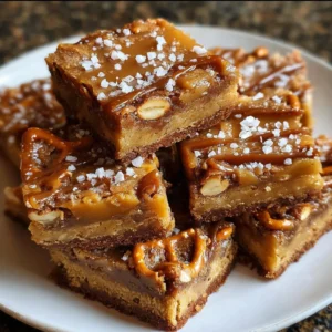 Delicious homemade salted caramel pretzel blondies on a wooden surface