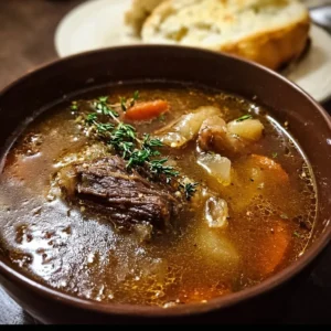 Savory French Onion Beef Short Rib Soup with melted cheese and caramelized onions