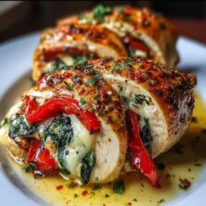 Savory stuffed chicken with roasted red peppers, spinach, and mozzarella for dinner