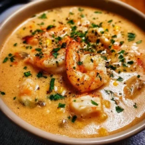 Bowl of creamy seafood bisque garnished with herbs and seafood pieces