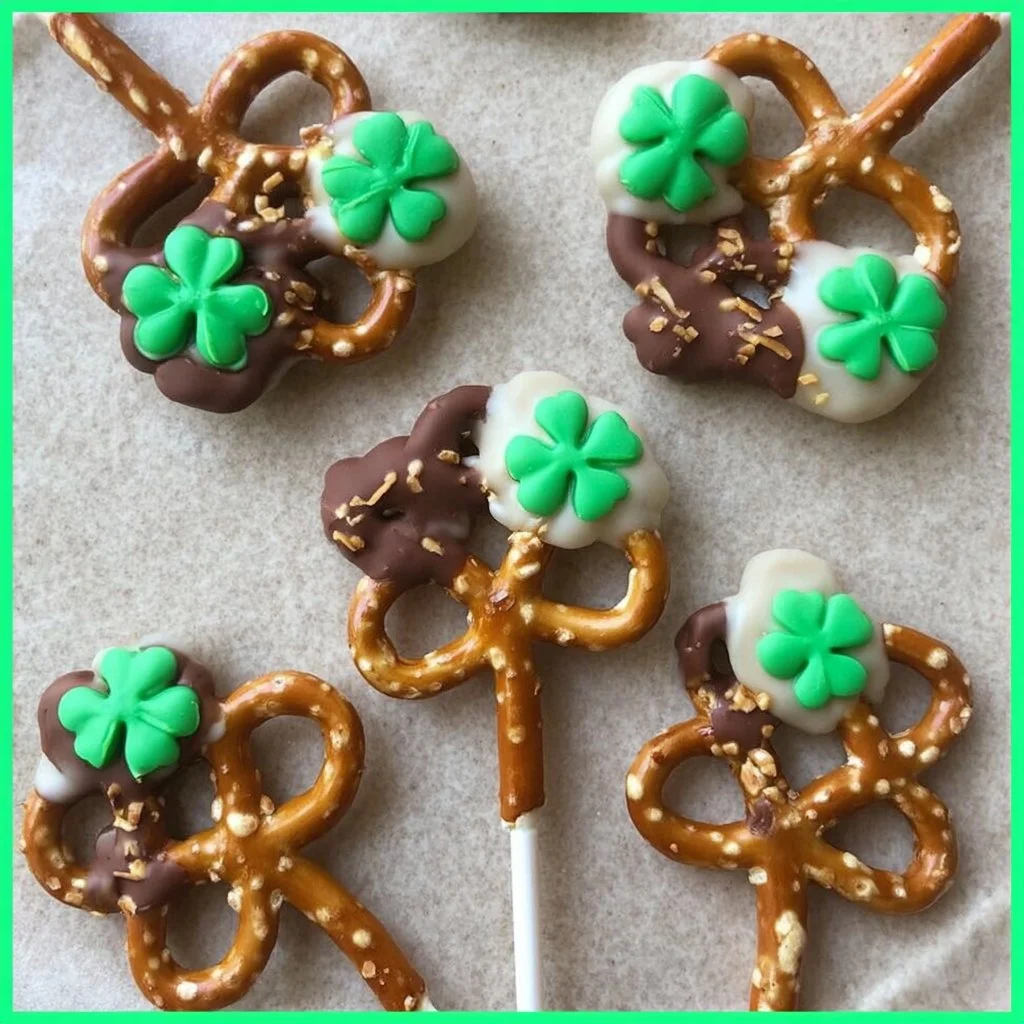 Shamrock Pretzel Pops decorated for St. Patrick's Day