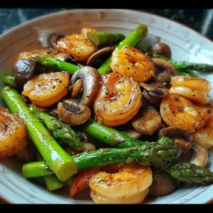 Shrimp stir-fry with asparagus and mushrooms in a vibrant and flavorful dish