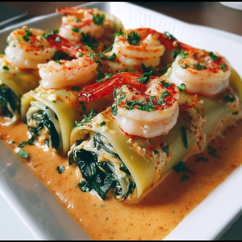 Shrimp and spinach stuffed pasta rolls with roasted red pepper cream sauce
