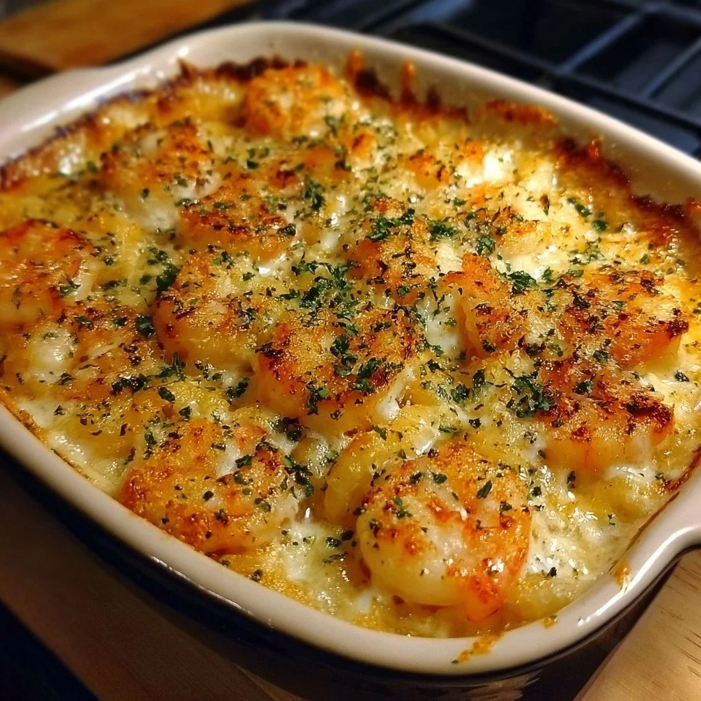 A mouthwatering shrimp casserole baked with cheese and spices.