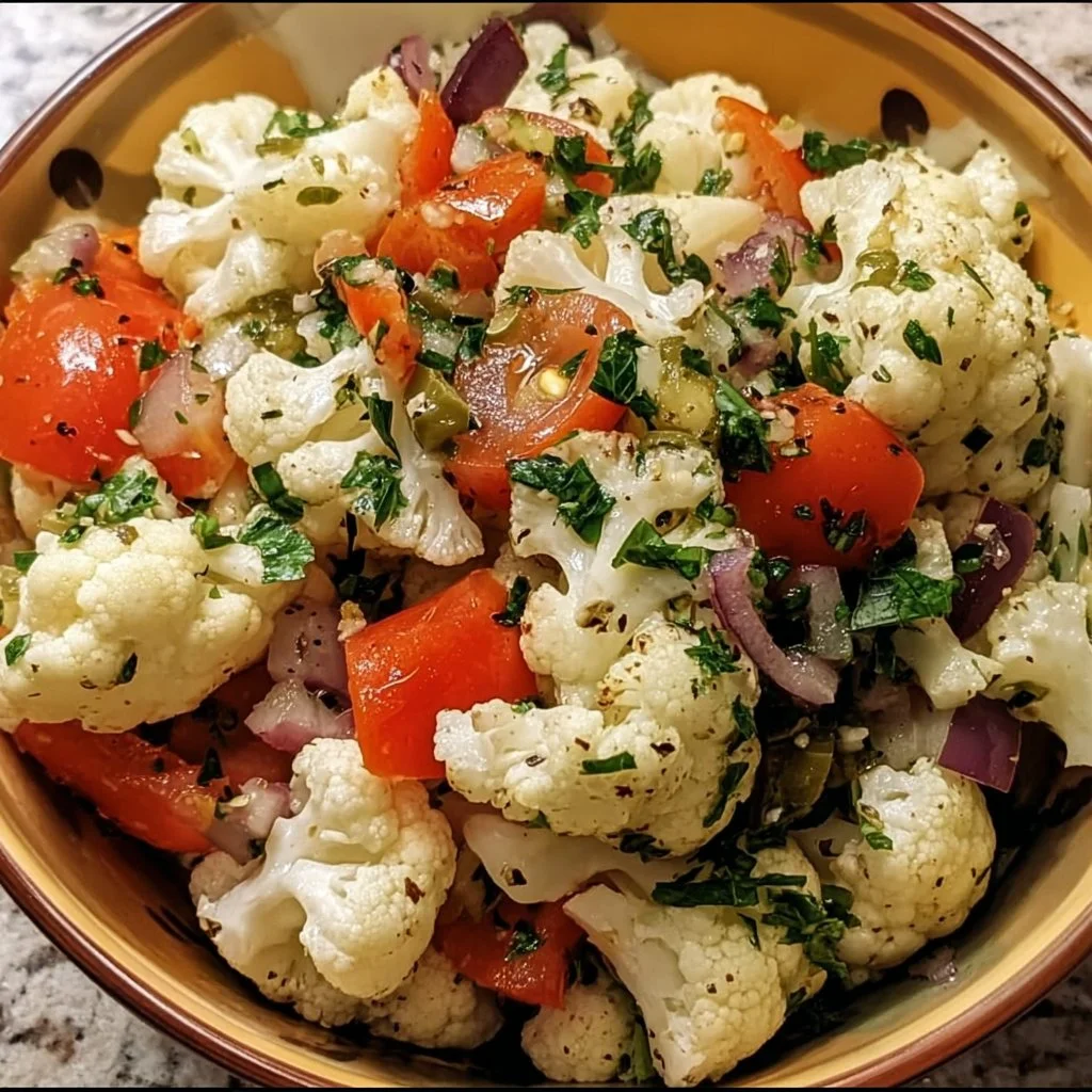 Colorful Sicilian cauliflower salad served in a bowl with fresh vegetables.